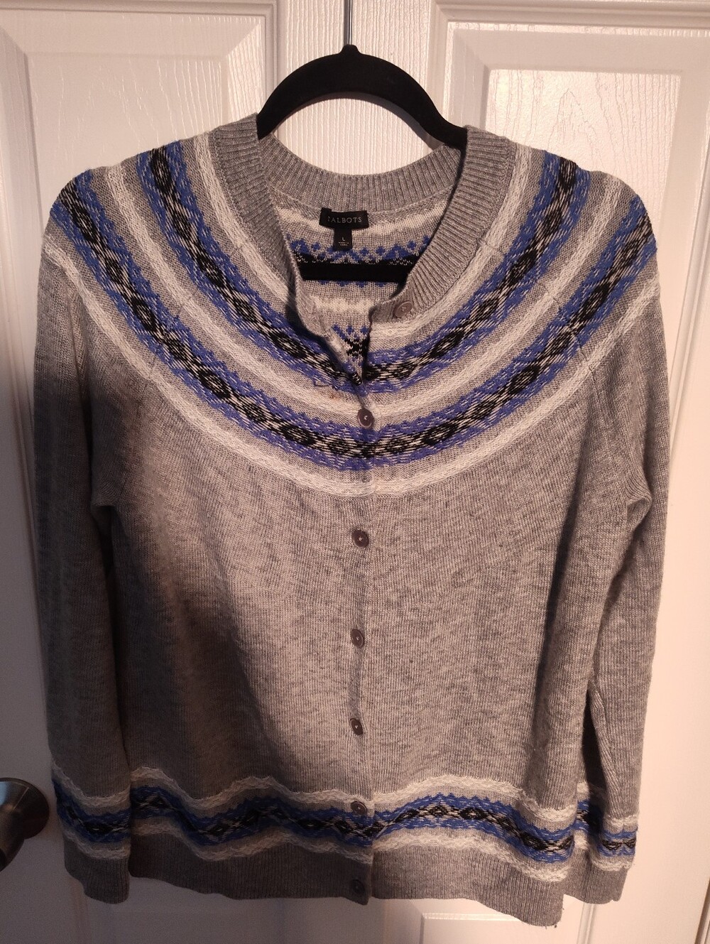 Talbots Gray Cardigan with Blue Fair Isle Yoke